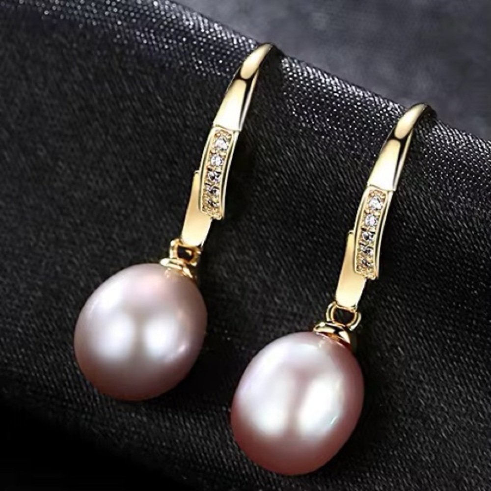•NEW Trendy S925 Sterling Silver Drop Real Pearl Hooks Paved CZ Crystal Earrings